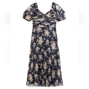 Abercrombie & Fitch Puff Sleeve Floral Midi Dress Pleated Skirt Navy XS